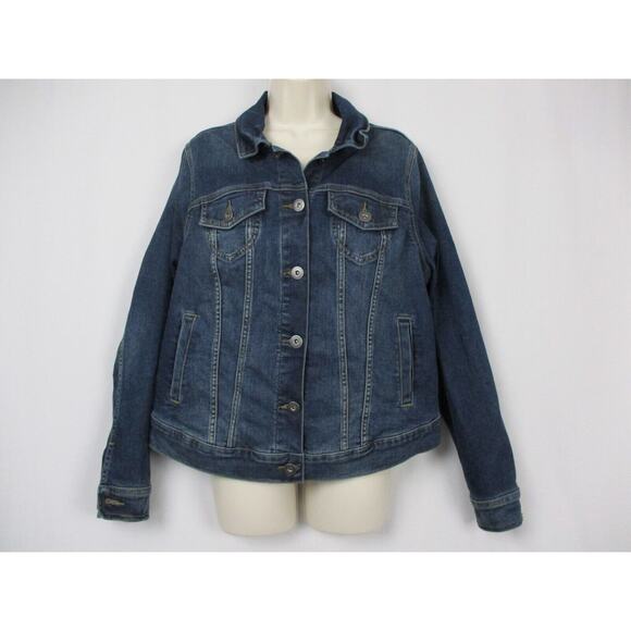 Torrid Denim Trucker Jacket 1 Blue Jean Dark Distress Wash Stretch 1X 14 16 NEW - Picture 2 of 15